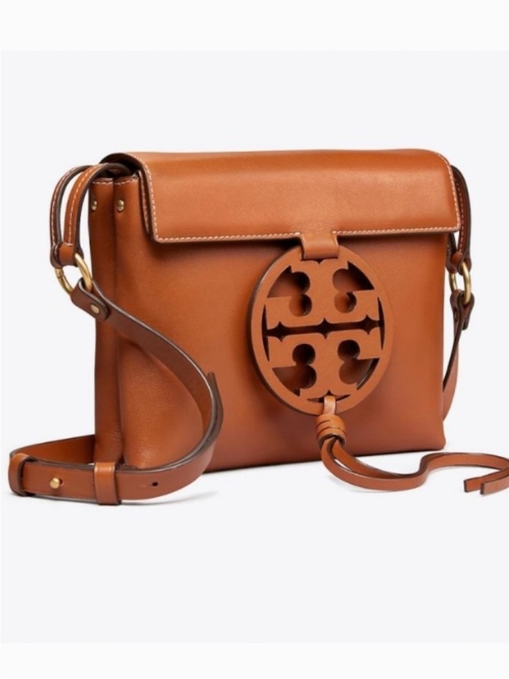 Tory Burch Miller Cognac/Maple Smooth Leather Logo Flap Crossbody NWOT. RARE. - Picture 3 of 11
